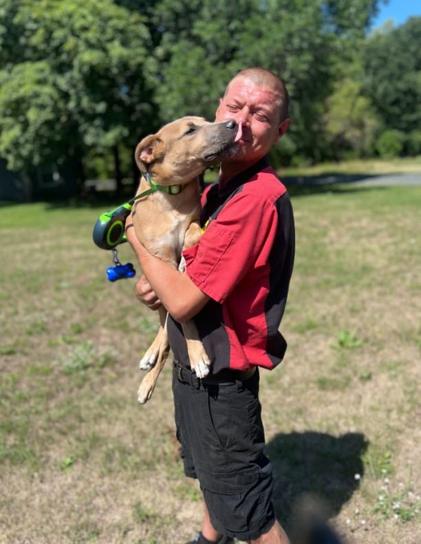 a happy dog licks its owner