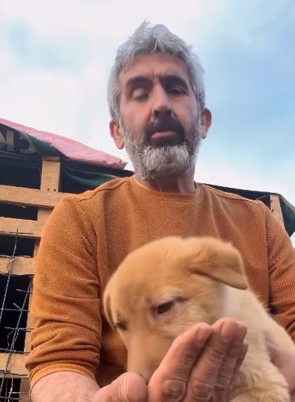 a man feeding puppy from hand