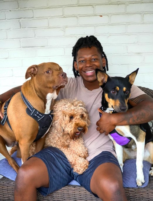 a smiling man is sitting on a bench with three dogs