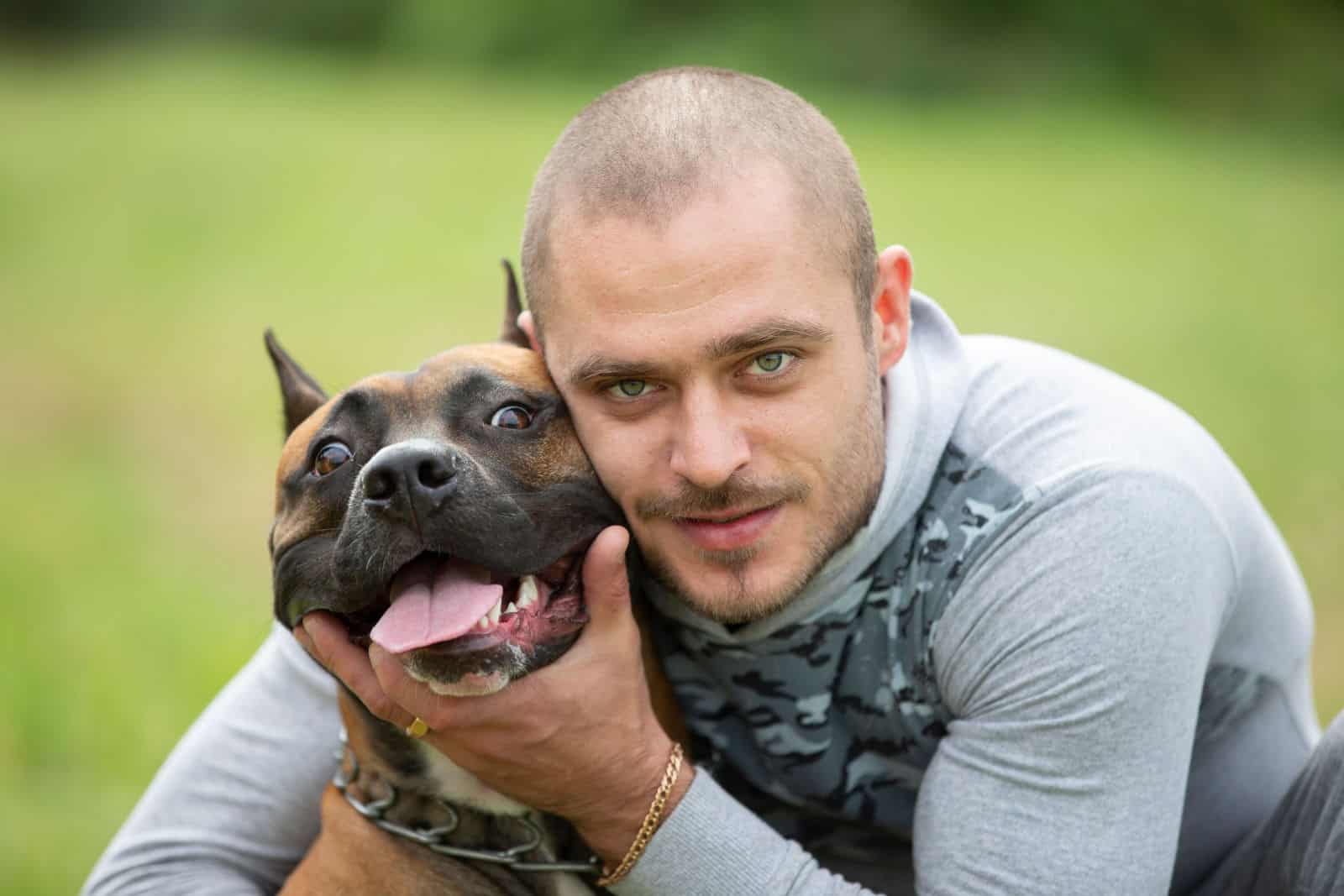 American Staffordshire Terrier with the owner for a walk