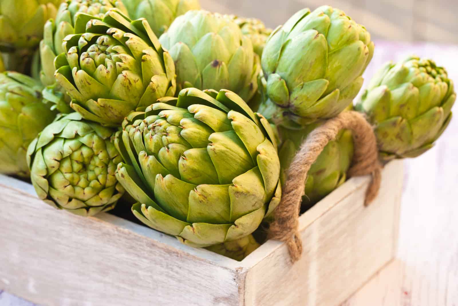 Artichokes in a wooden box