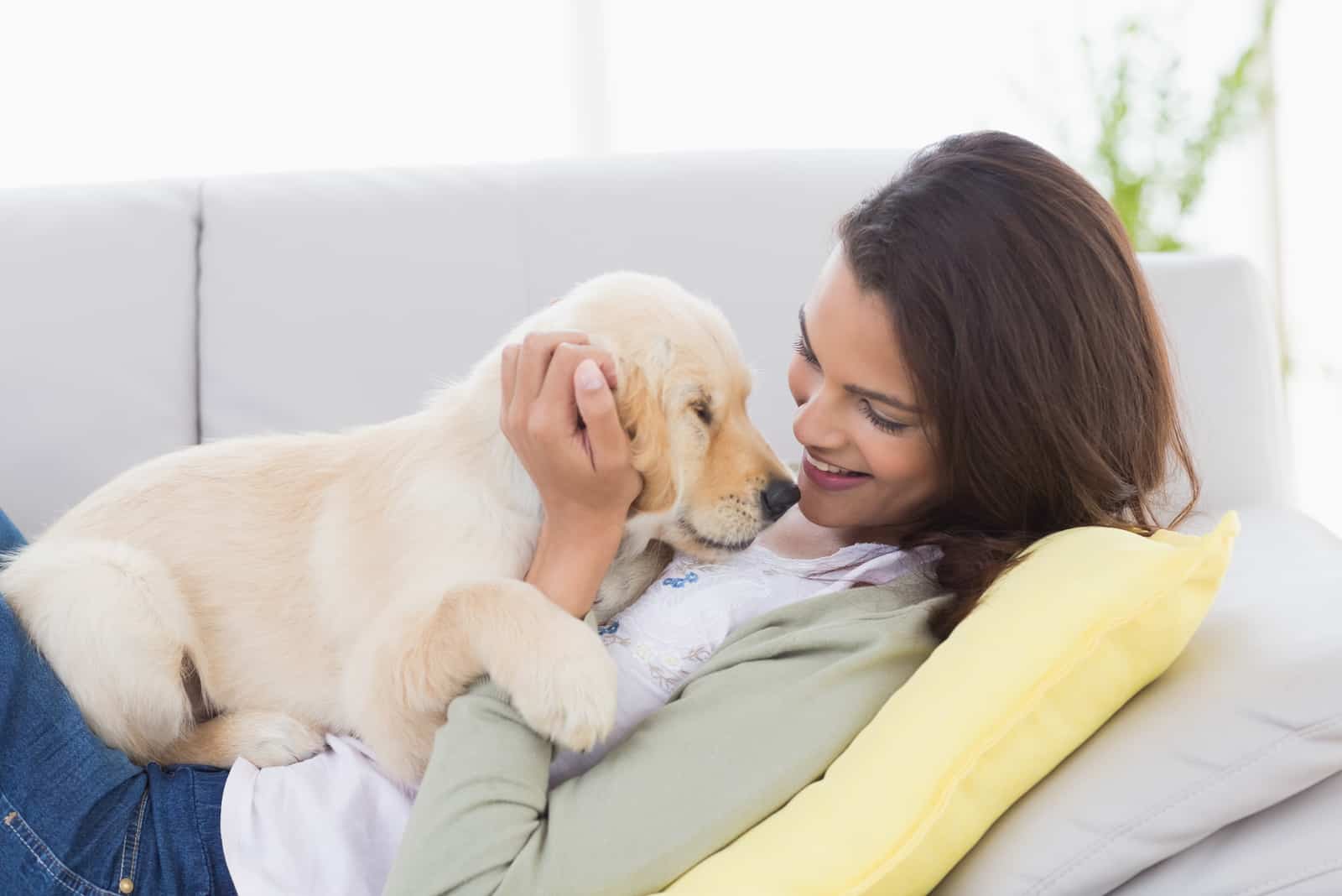 Beautiful woman playing with puppy while lying on sofa at home