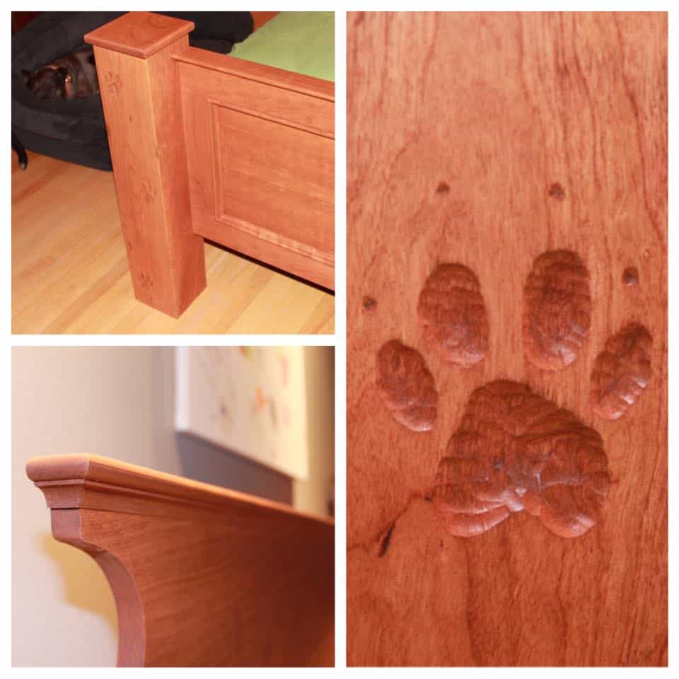 bed with hand carved paw prints