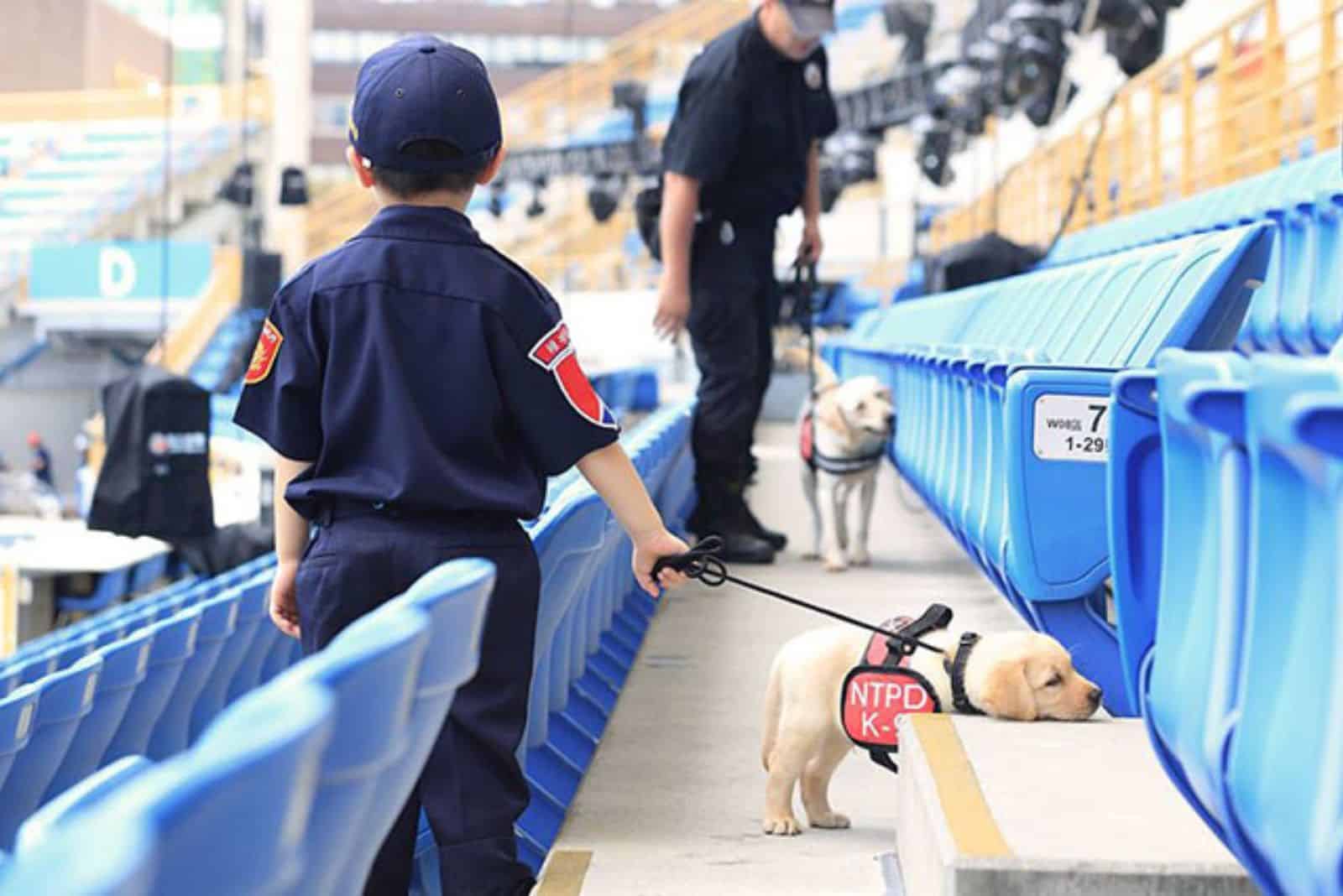 boy and a puppy wearing k9 uniforms