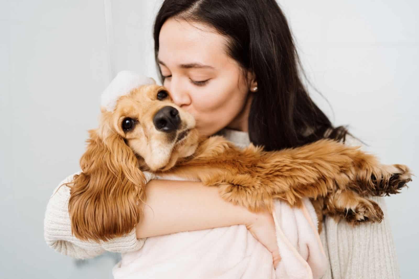 Cocker spaniel tacking a bath with his human in the bath tub