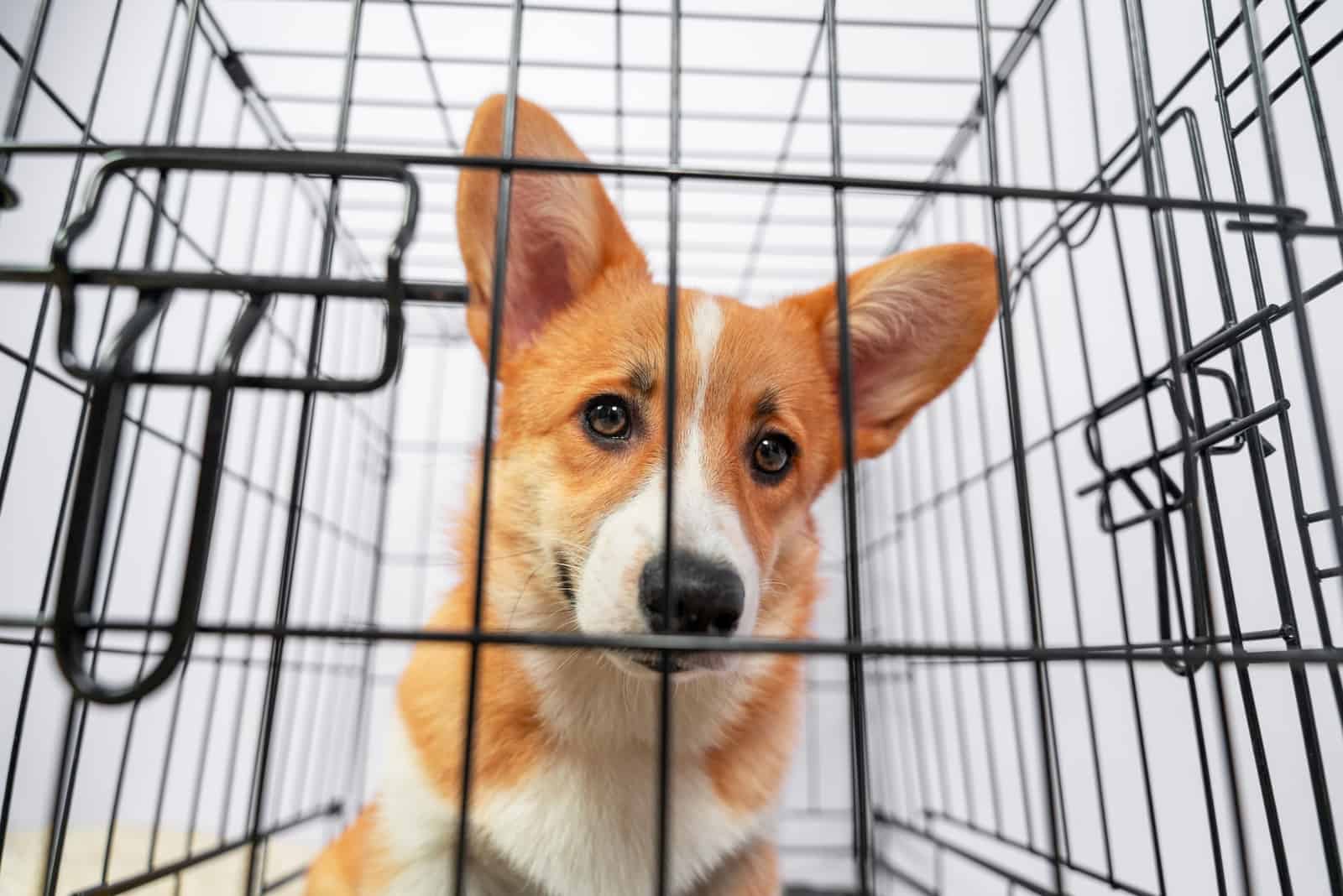 corgi in a cage