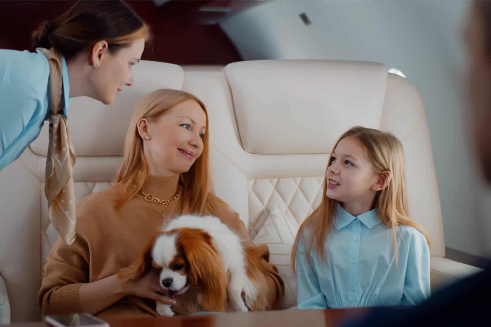 daughter and wife with a dog on the plane