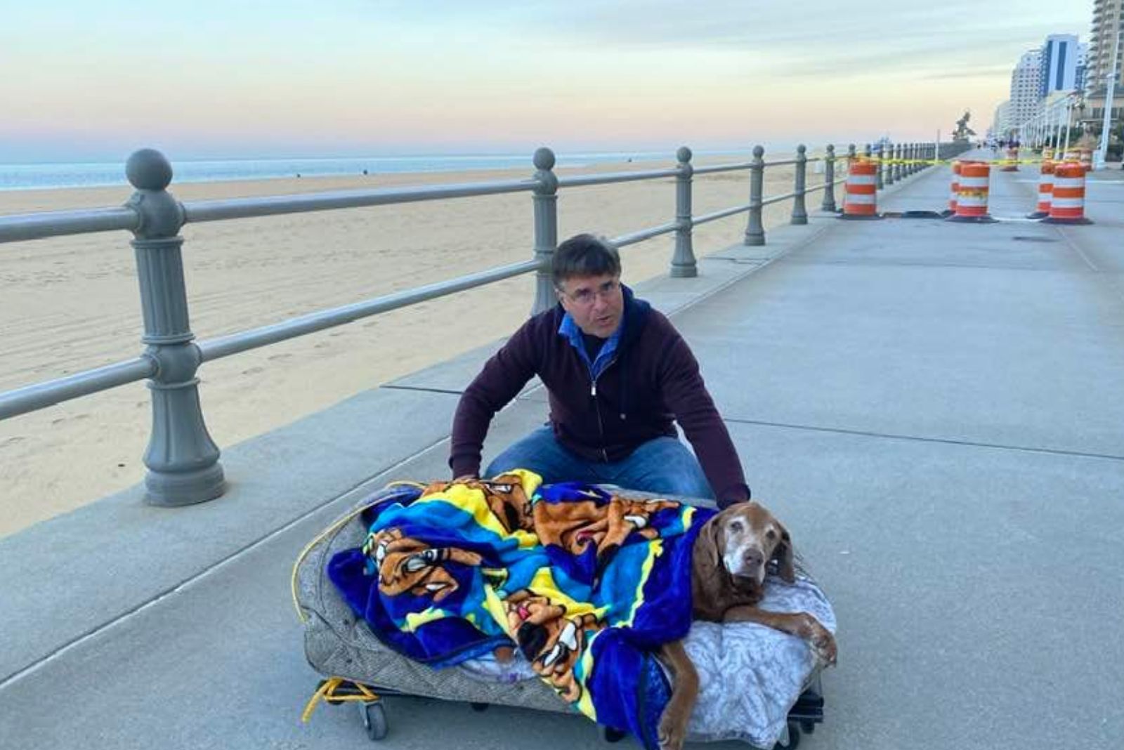 dog and owner chilling on a mobile bed