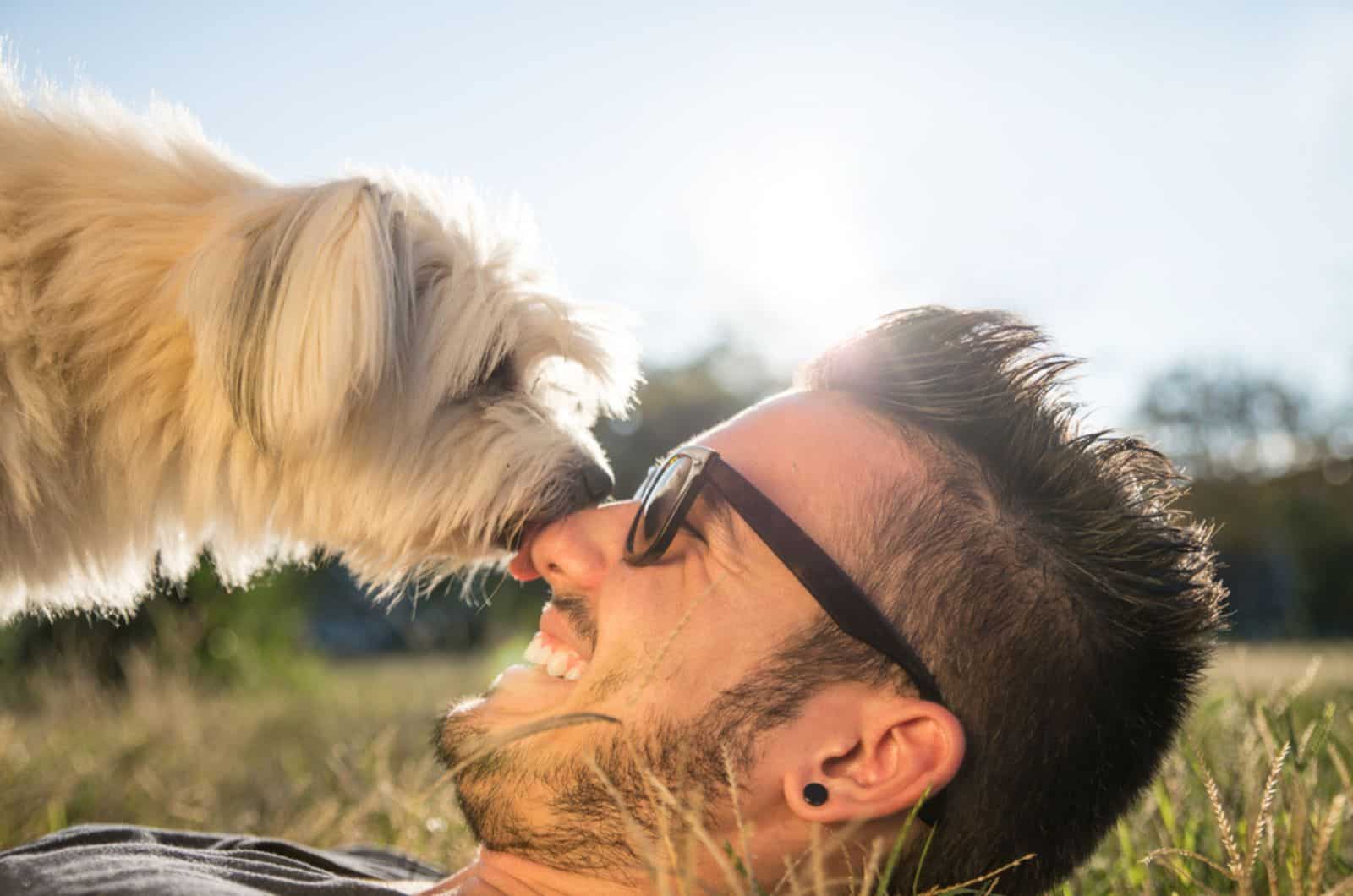 dog and young man having fun in a park