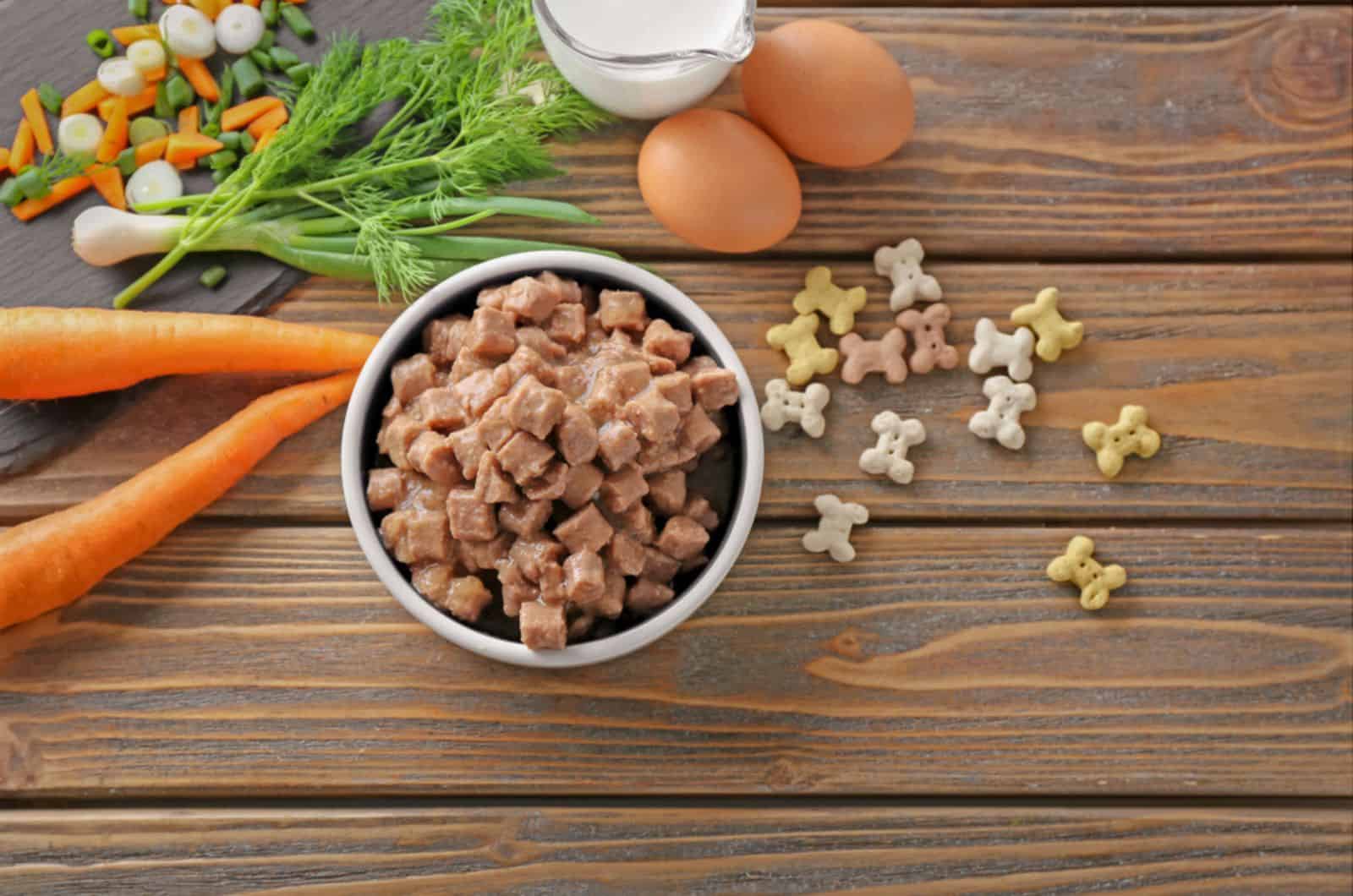 dog food in a bowl and on wooden table