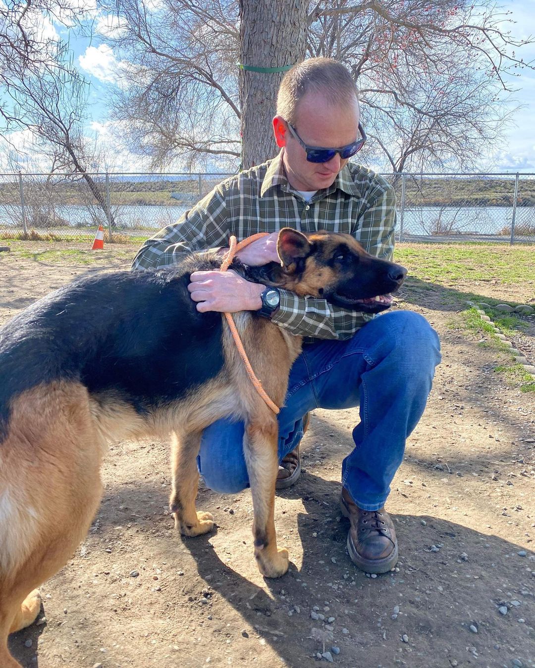 dog in hug with man