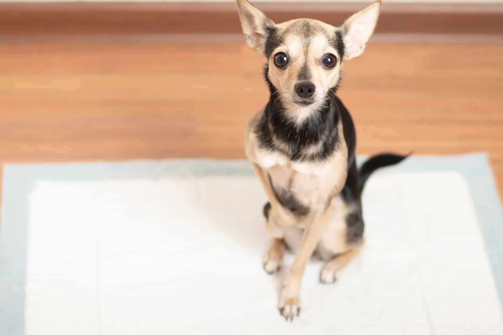 dog on potty pad standing and looking at the camera