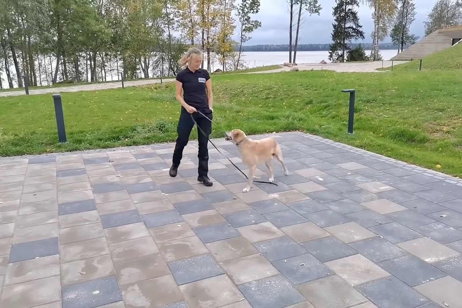 female officer dancing with her dog outdoors