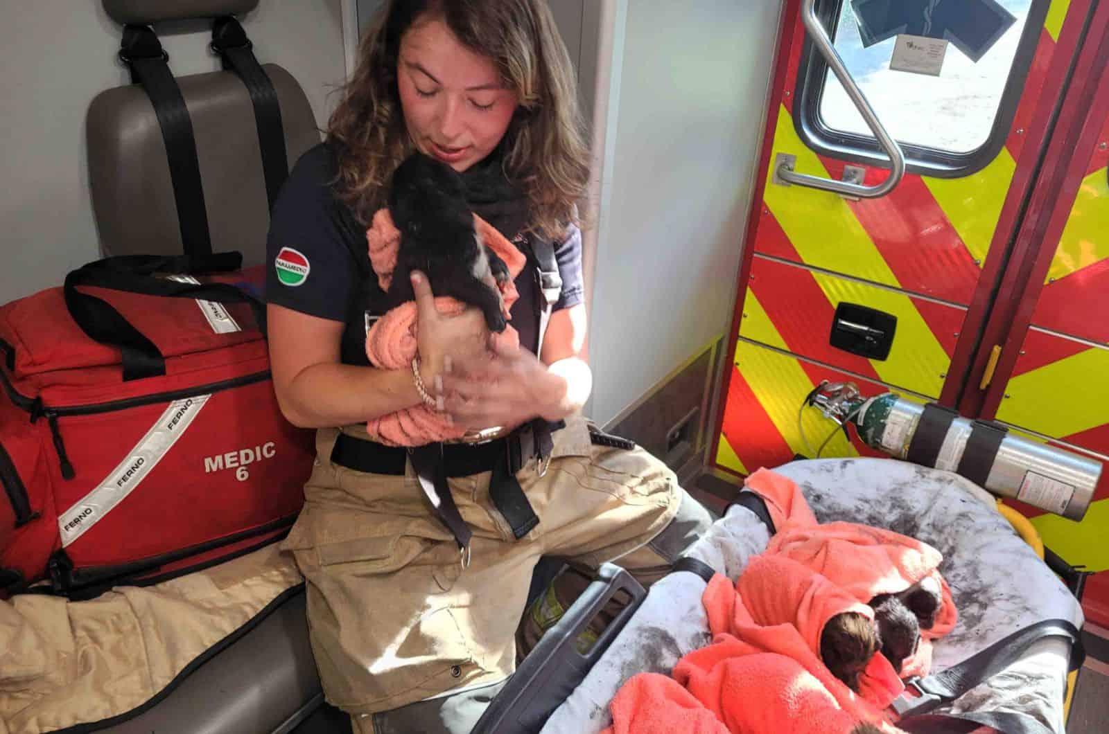 firefighter holding puppy rescued from burning building