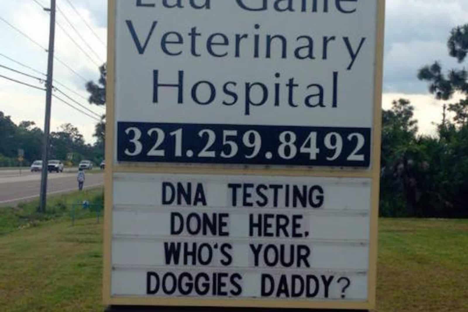 funny sign about dna testing at a vet clinic