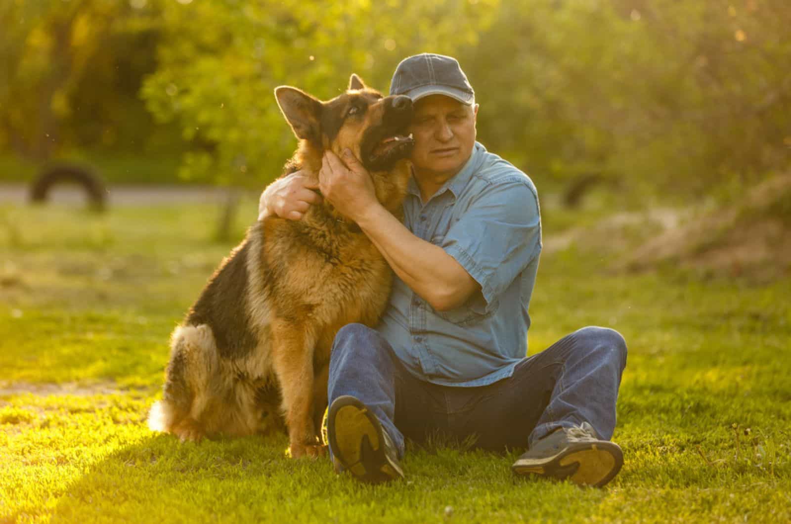 german shepherd lying his head on his owner in the park