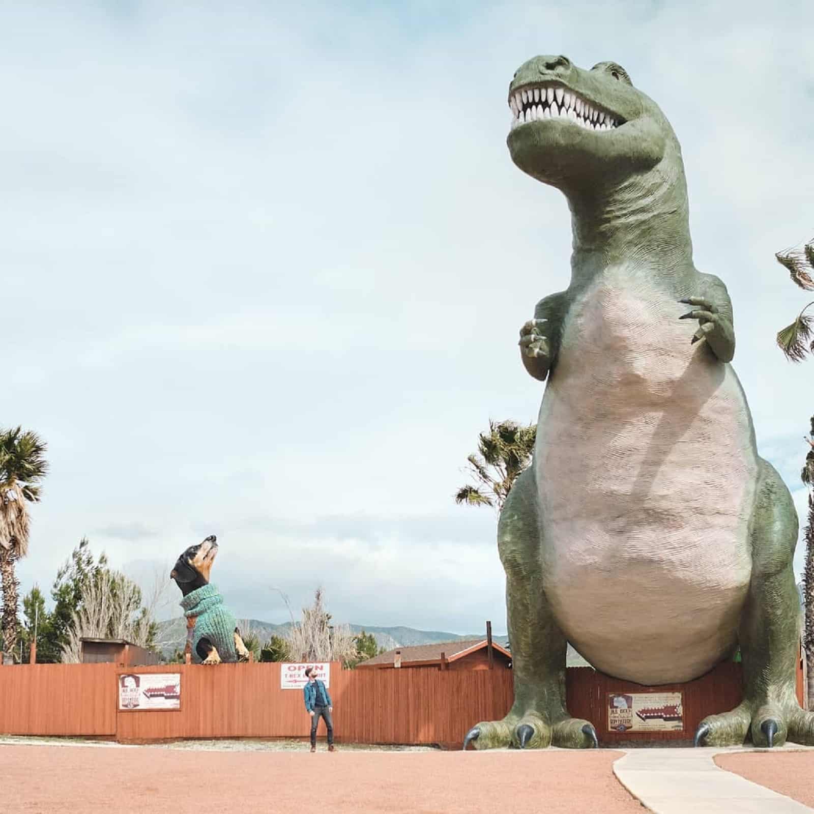 giant dachshund in dino park looking at t-rex