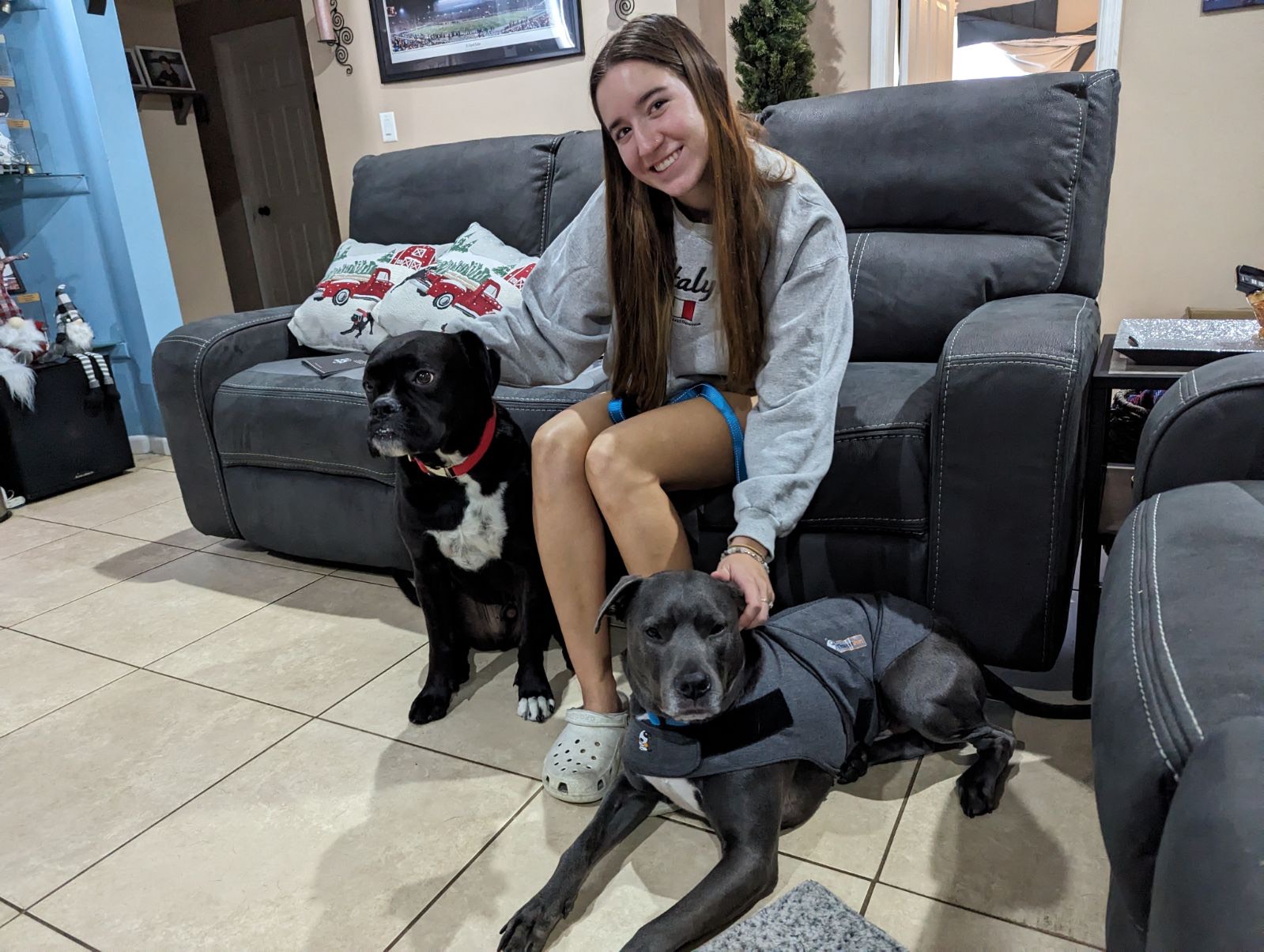 girl and two black dogs