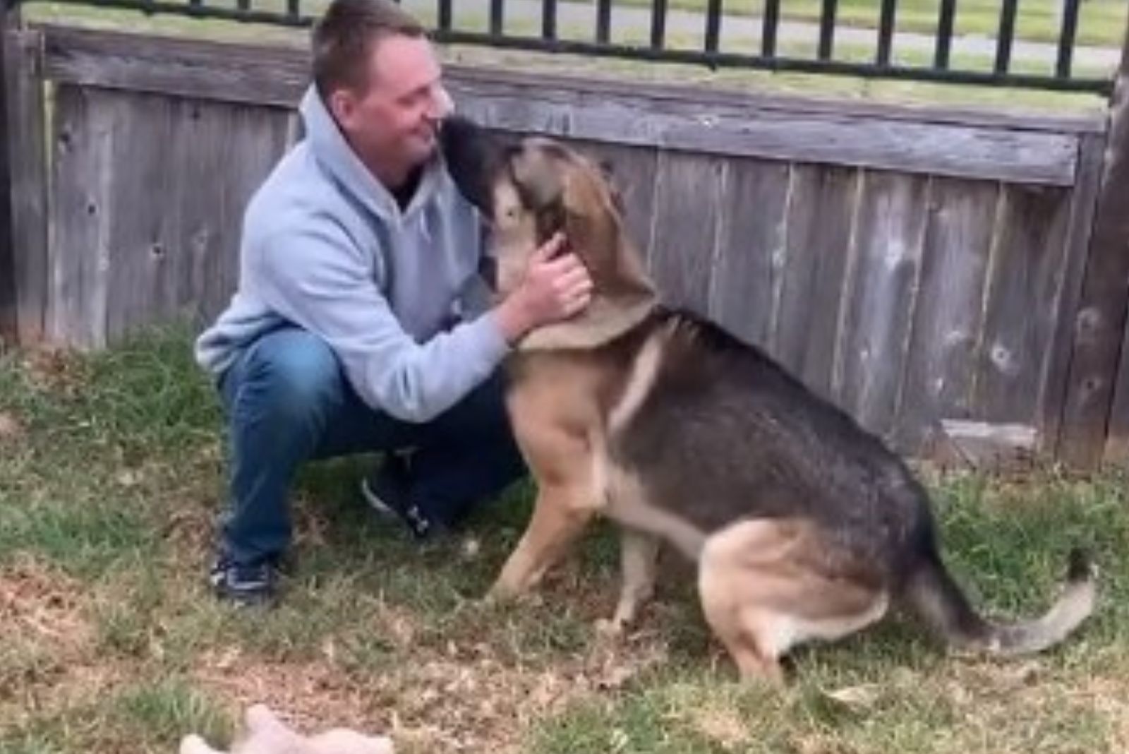 happy man hugging his german shepherd dog