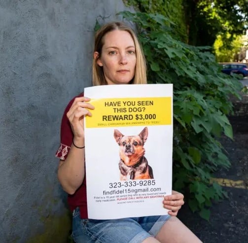 jessica holding a poster to find her dog fidel