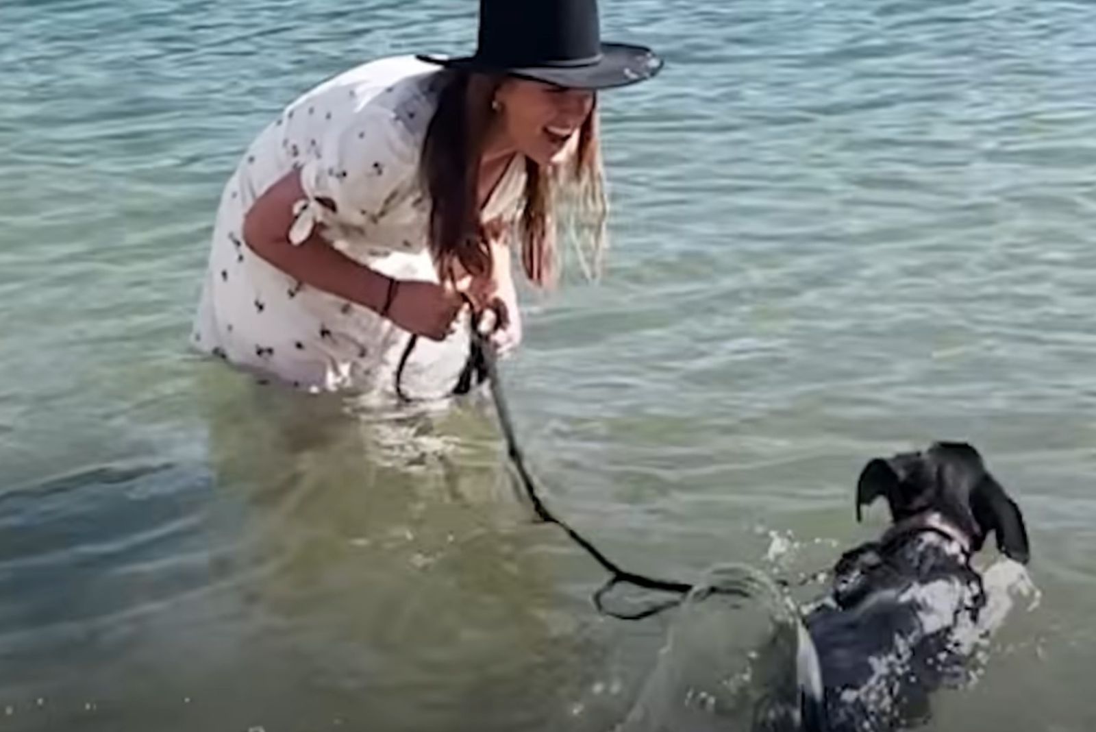 laughing woman with dog in the sea