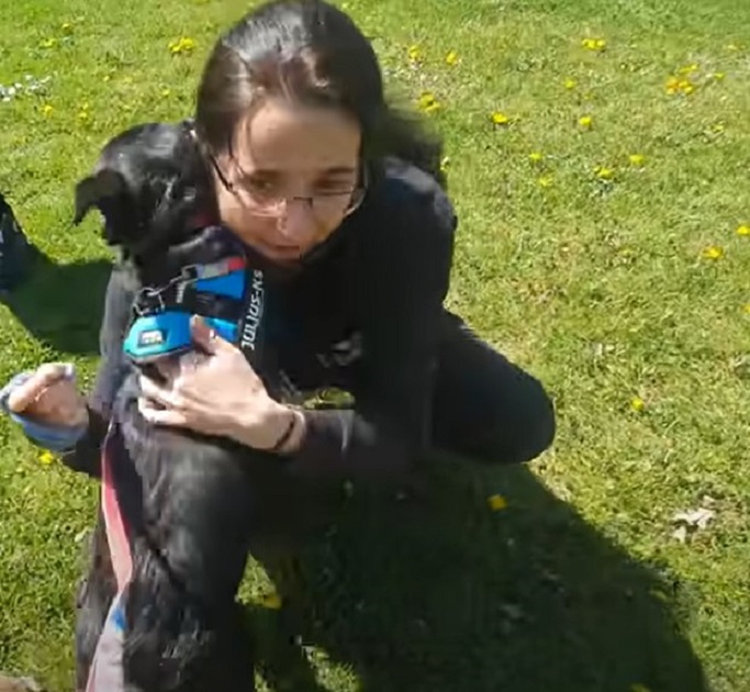 little girl hugging dog