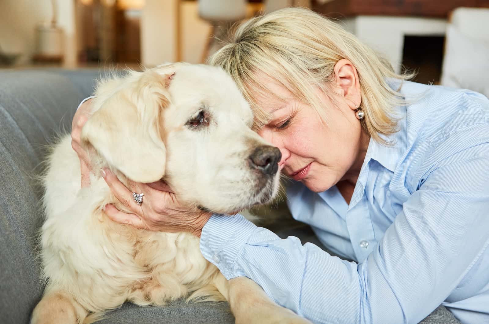 Lonely and sad old woman with a retriever dog at home