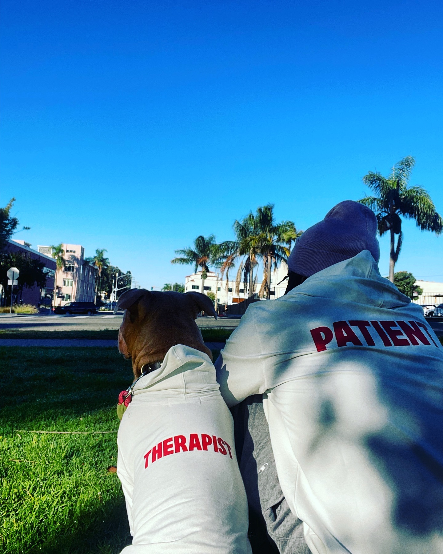 man and dog in hoodies with signs (1)