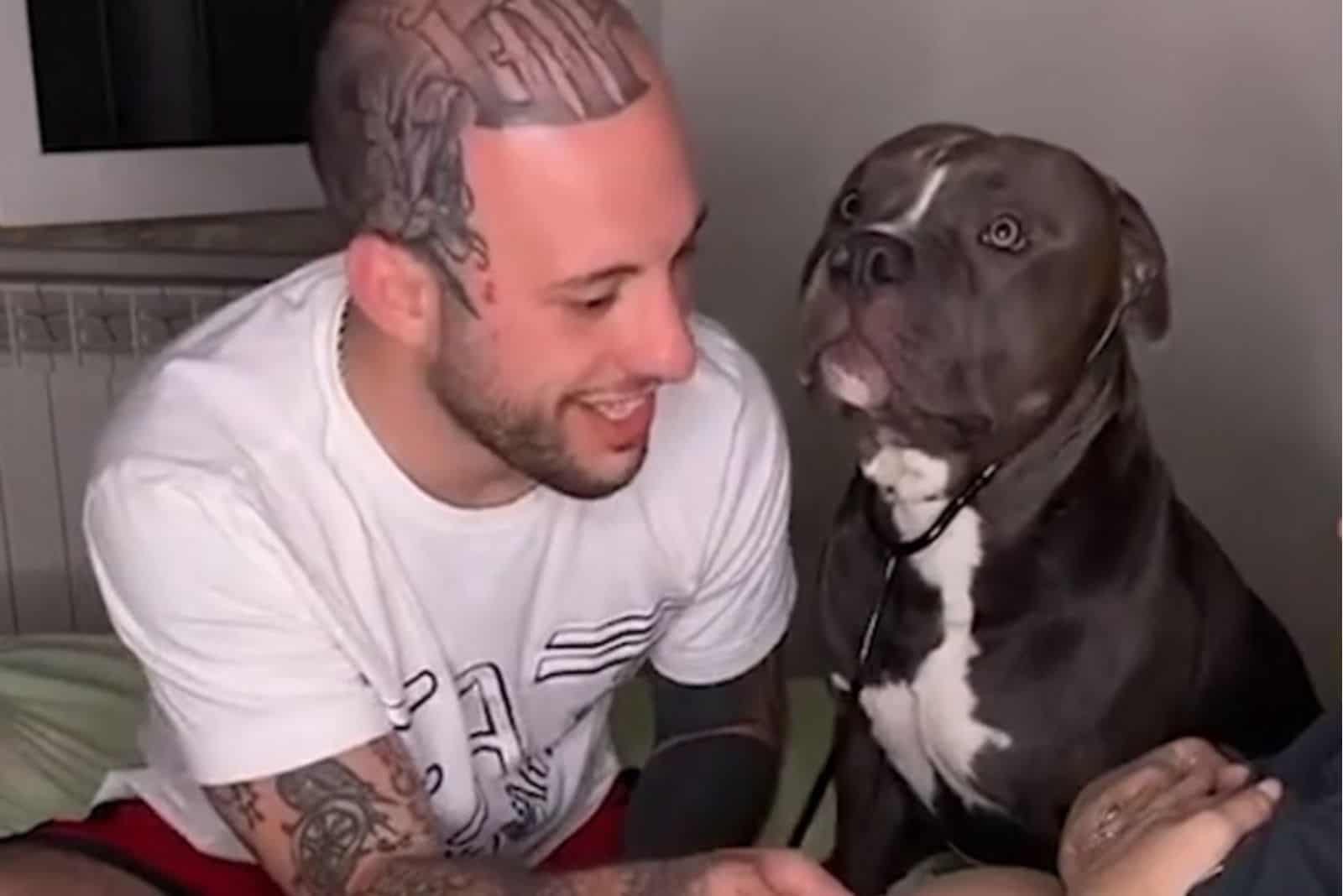 man and dog with a stethoscope listens to his hooman sister in belly