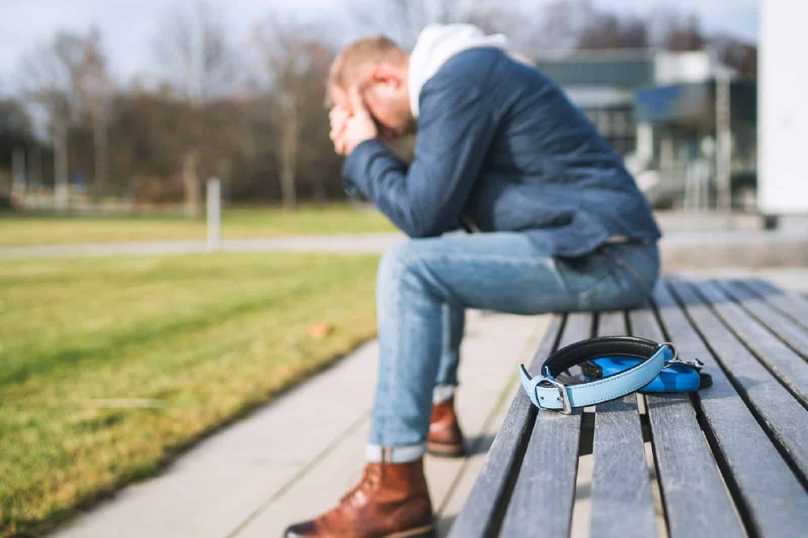 man dog owner is grieving sitting on a bench with the lovely pet collar