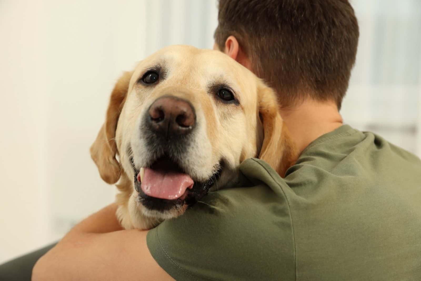 man hugging labrador retriever at home