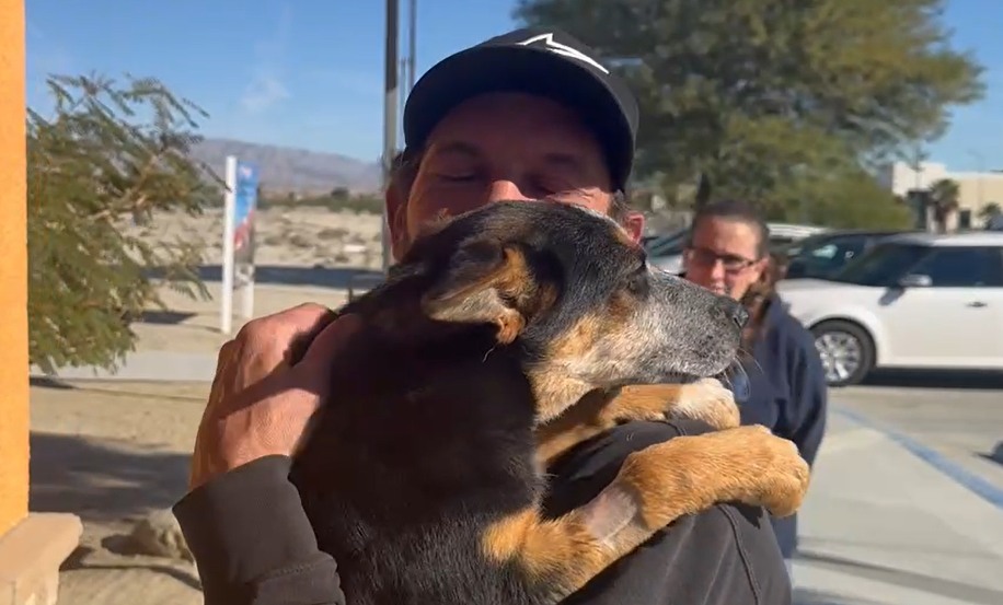 man hugging with dog