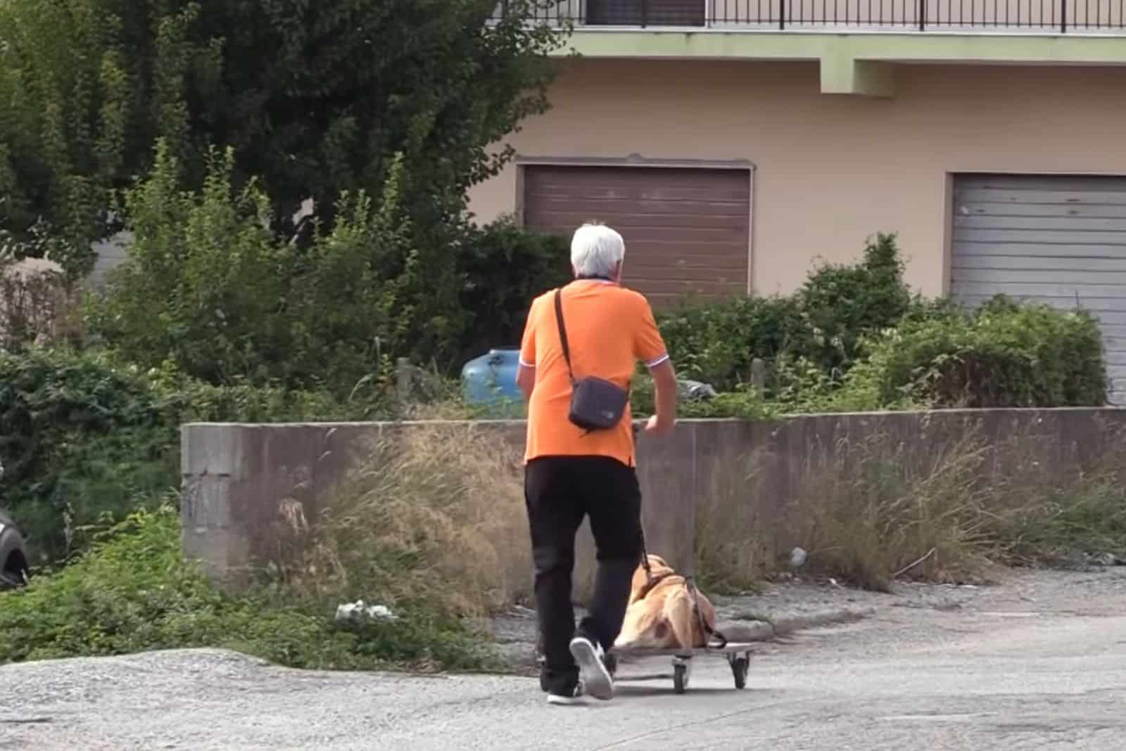man walks his dog using an improvised cart