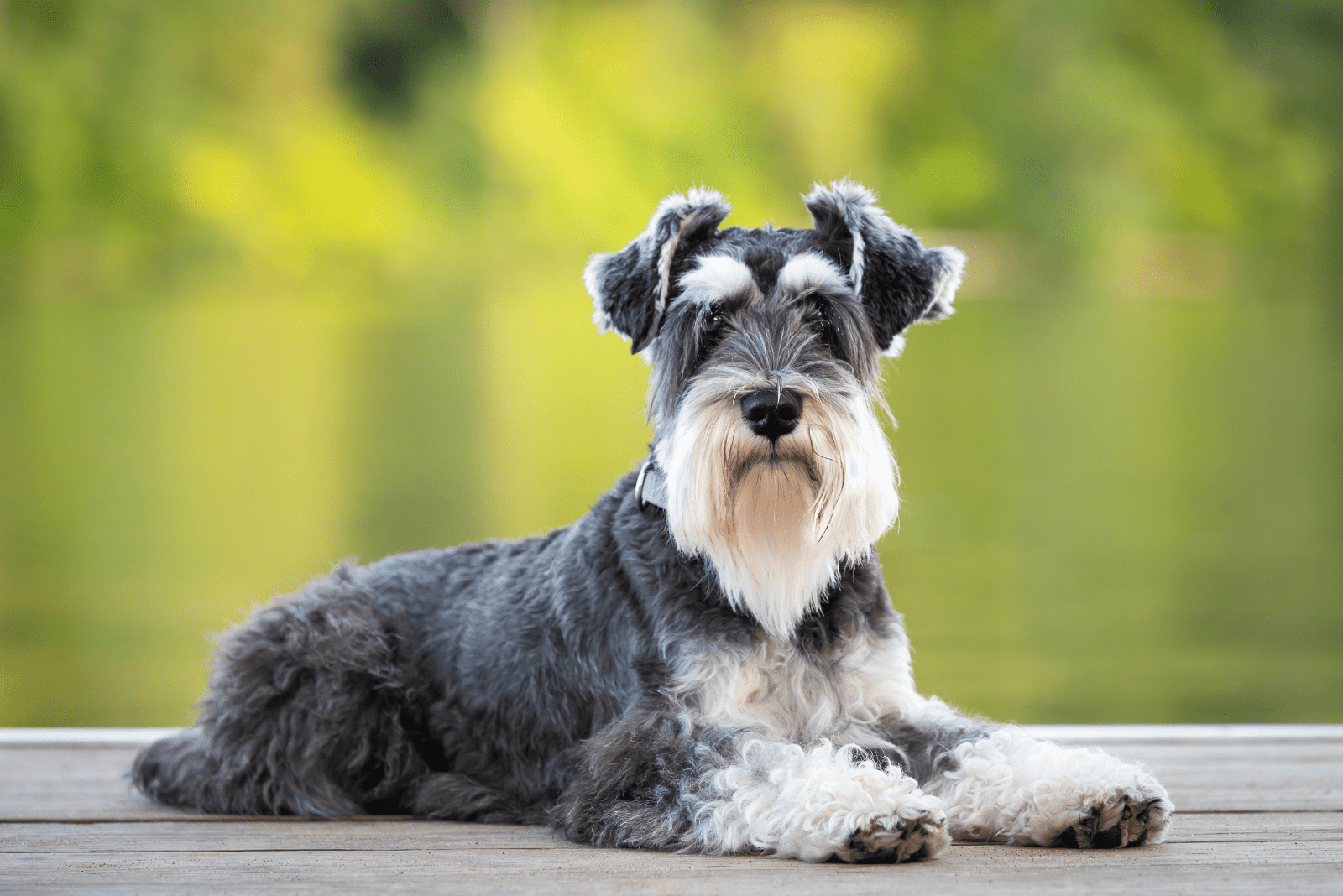 Miniature Schnauzer lying on the pavement