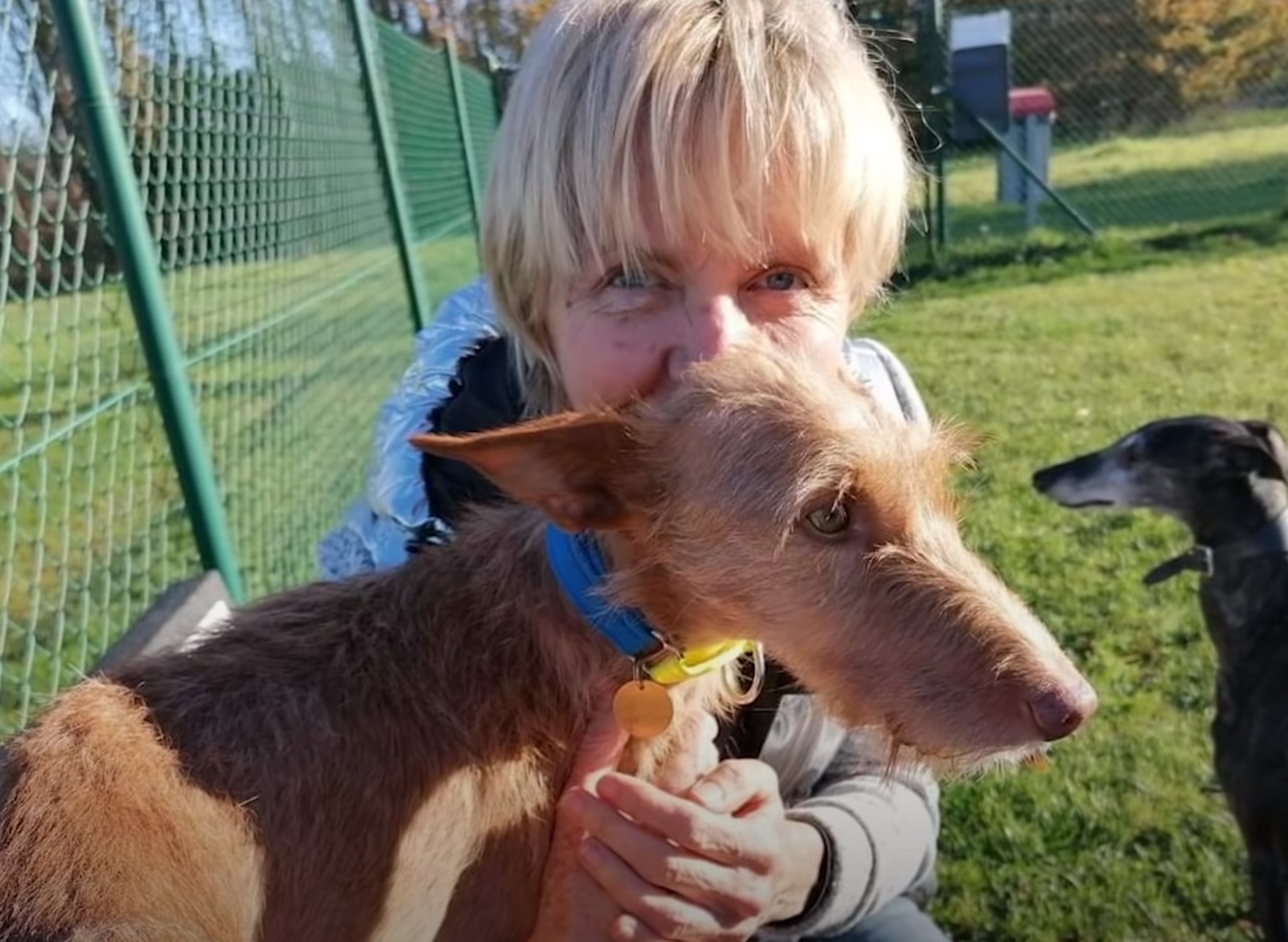 old blonde woman kissing a dog