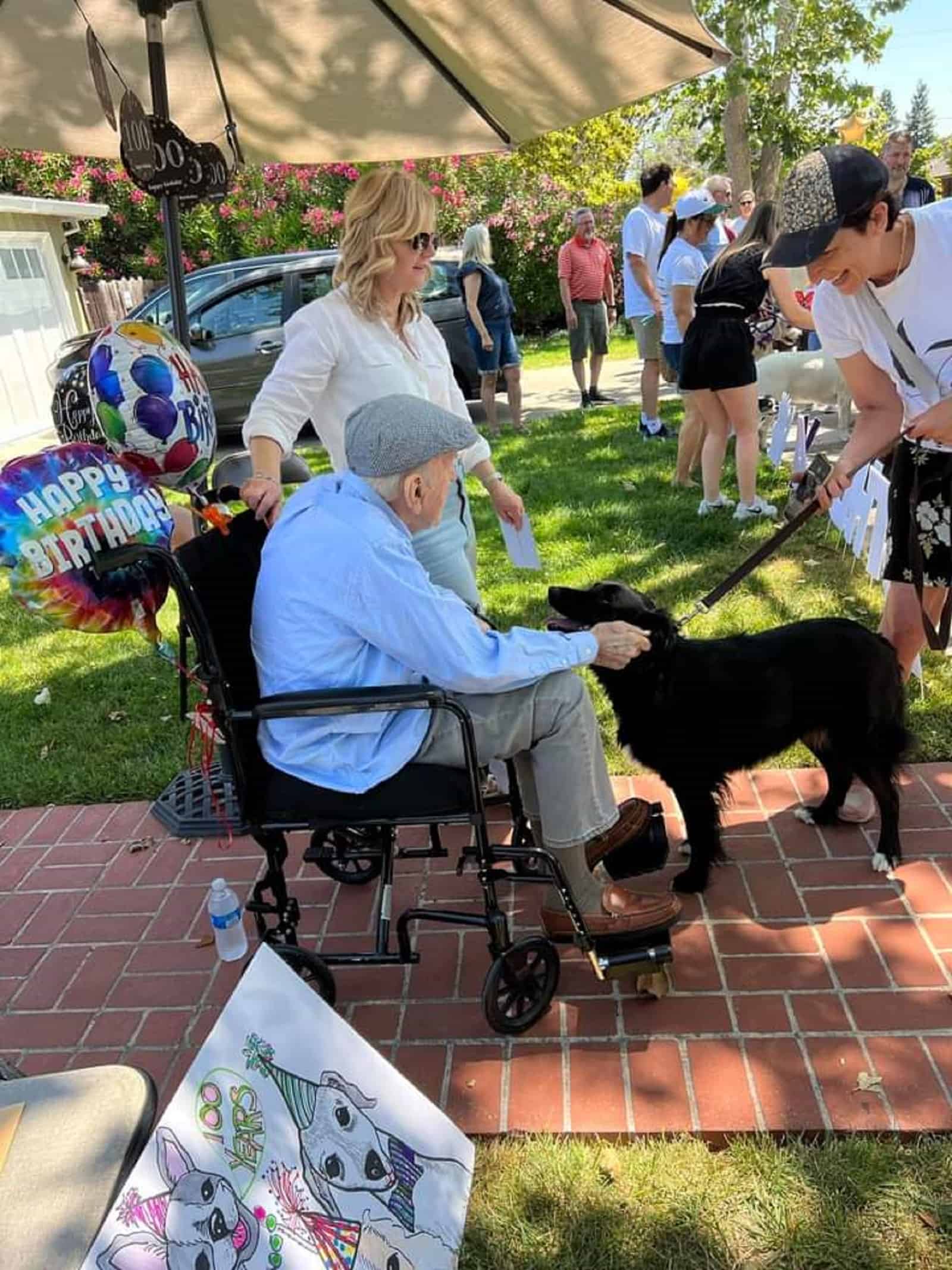 old man in wheelchair cuddling a dog at his birthday celebration