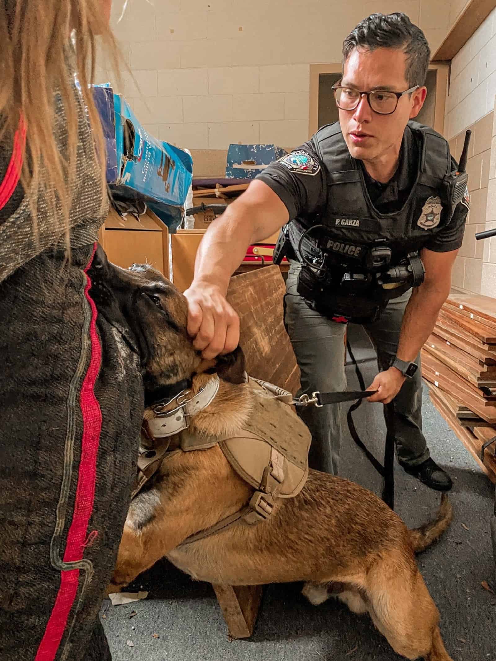 police man holding police dog on a leash