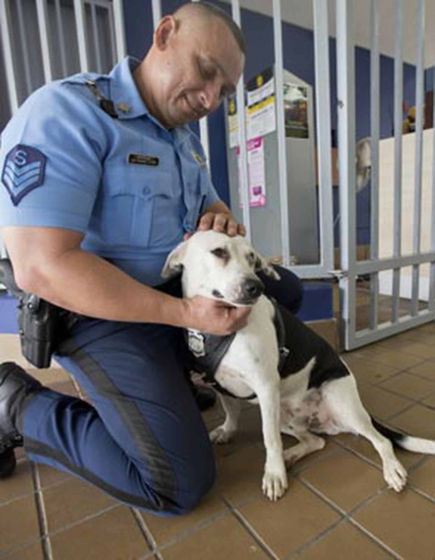 policeman cuddling dog