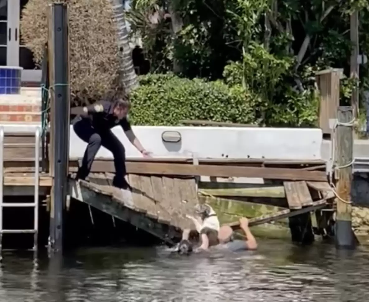 policewoman helps a drowning dog