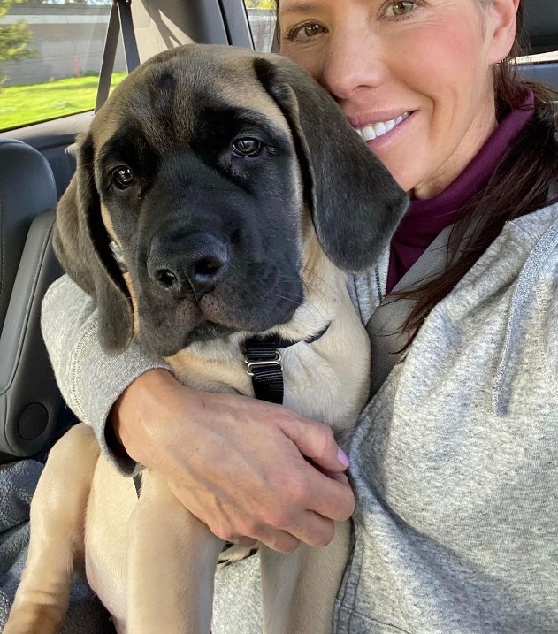 portrait of a woman and a dog in a car