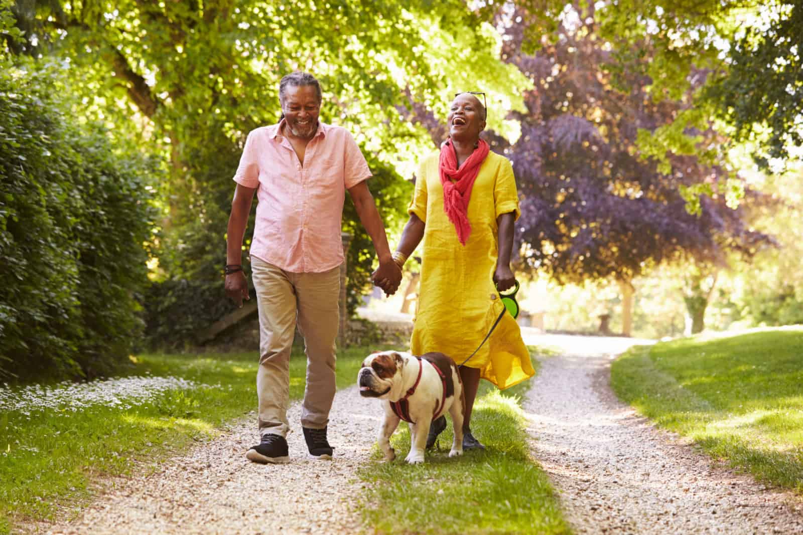 Senior Couple Walking With Pet Bulldog In Countryside