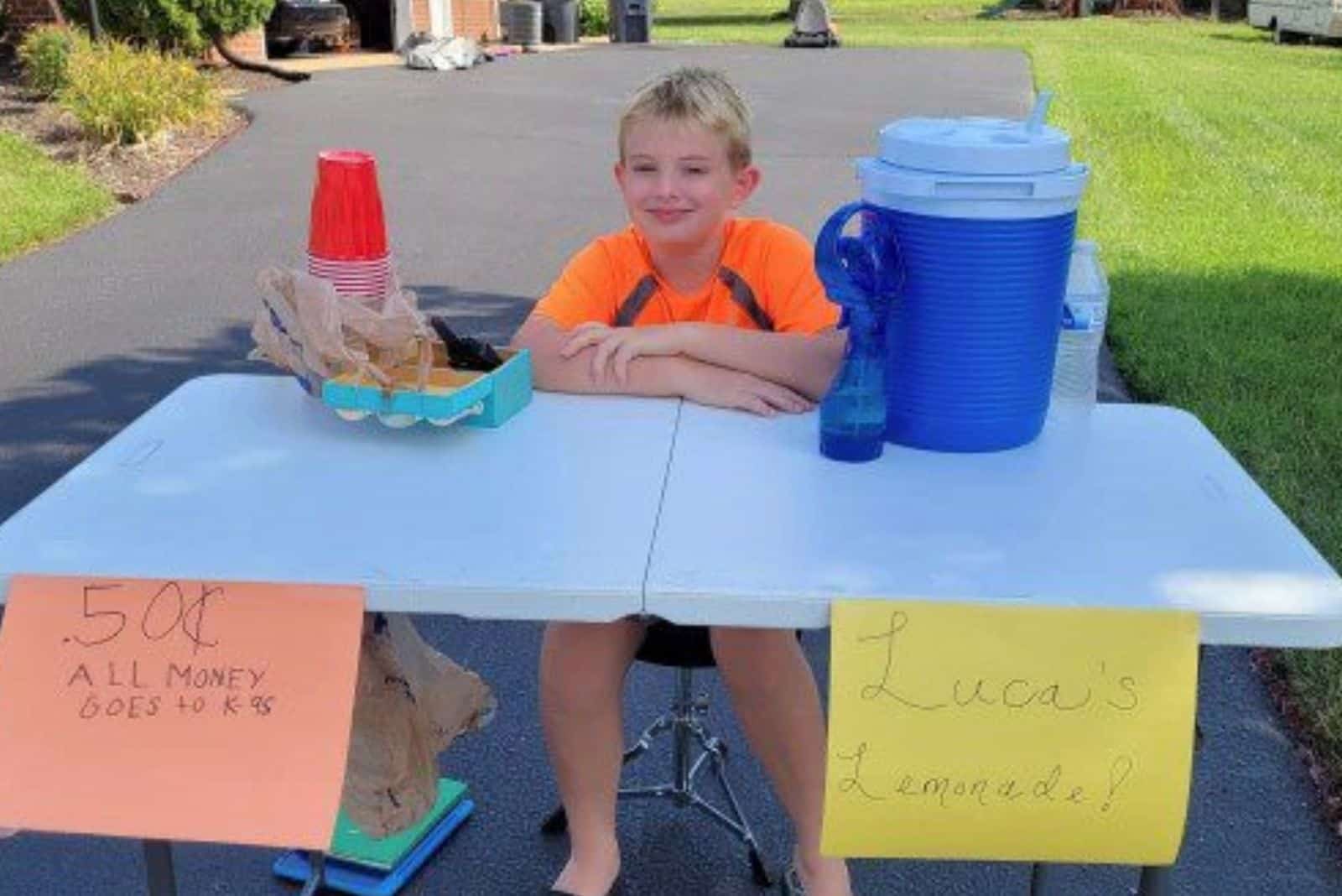 the boy at the stand sells lemonade