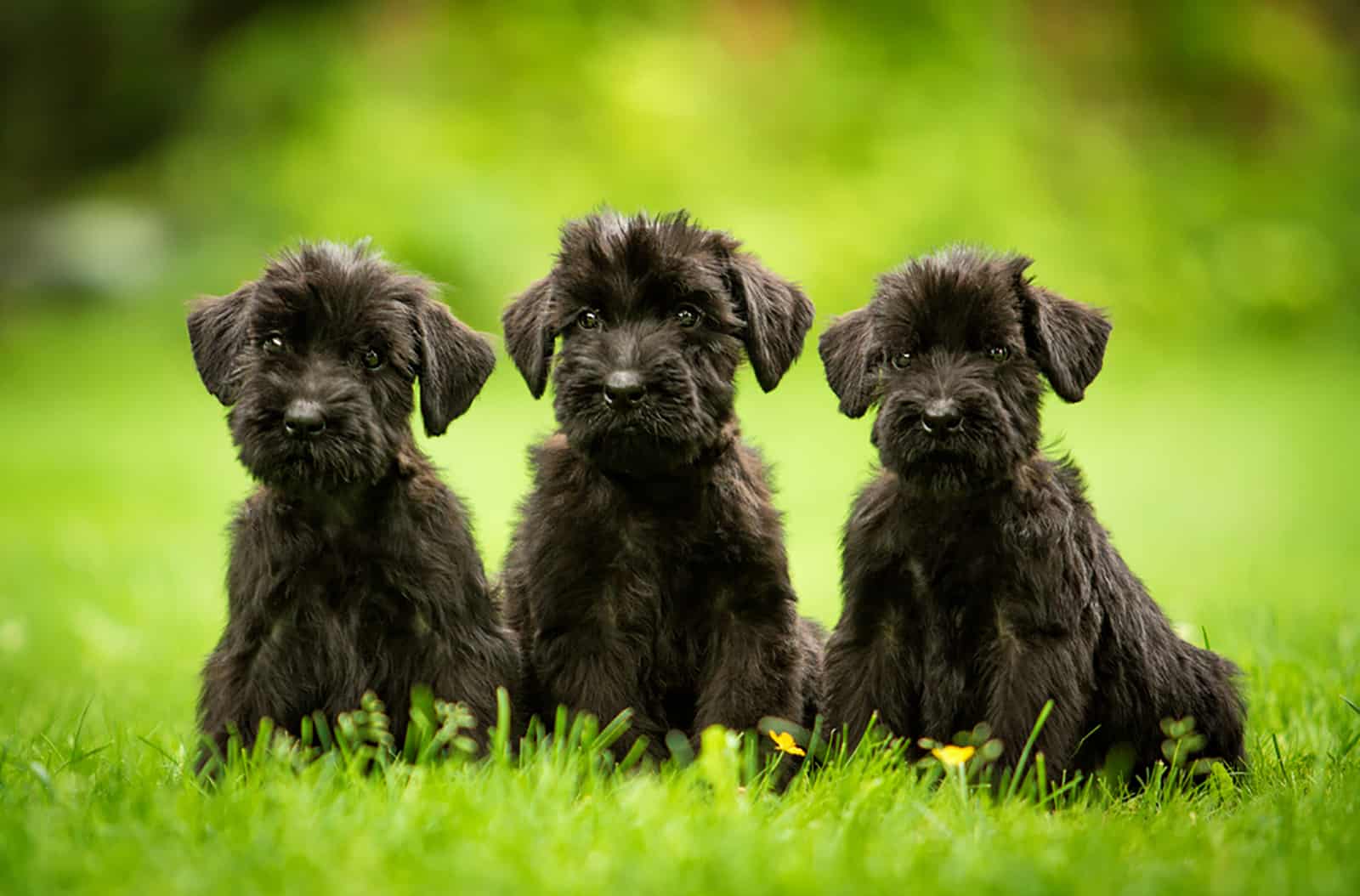 three giant schnauzer puppies sitting in the grass