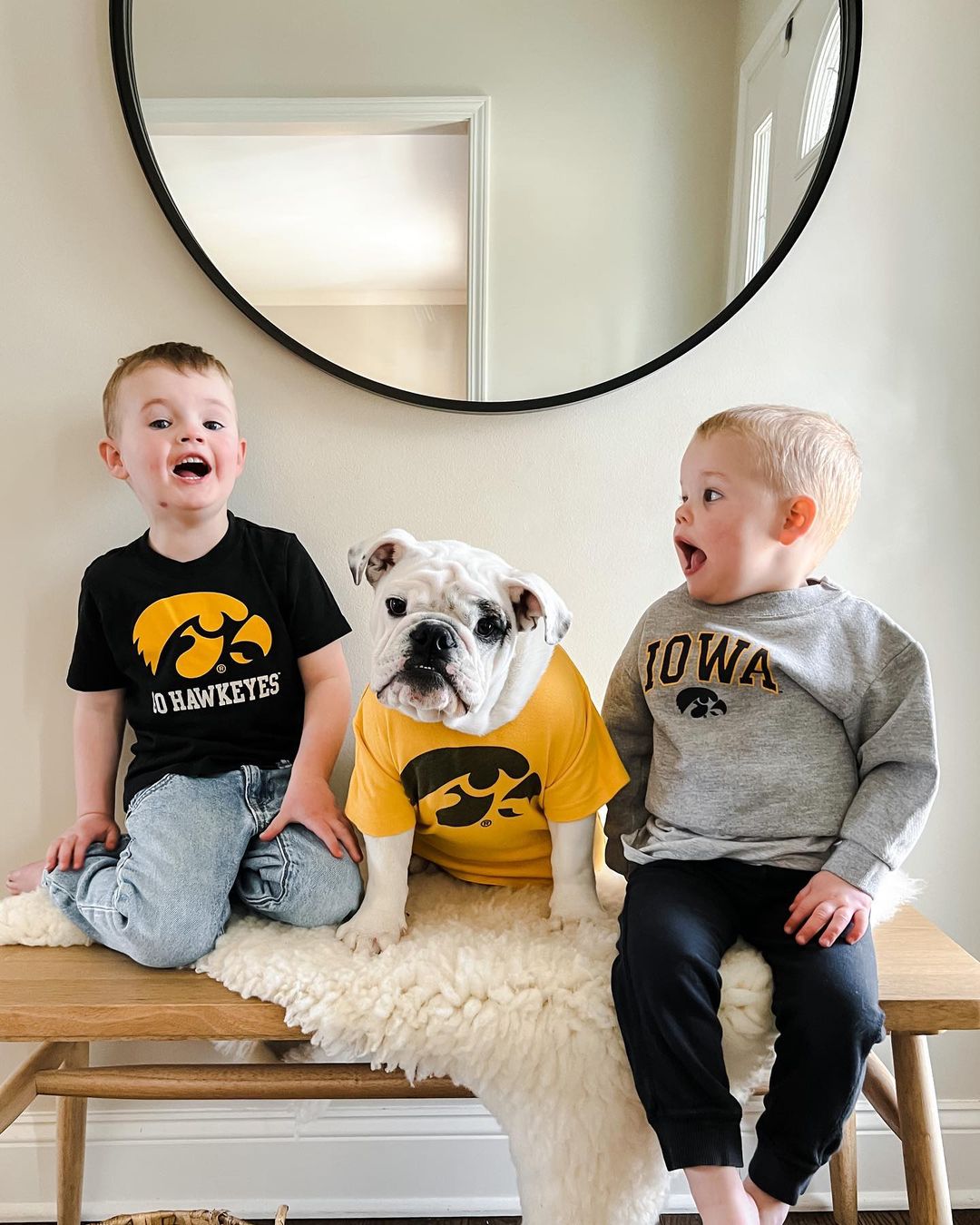 two little boys and english bulldog