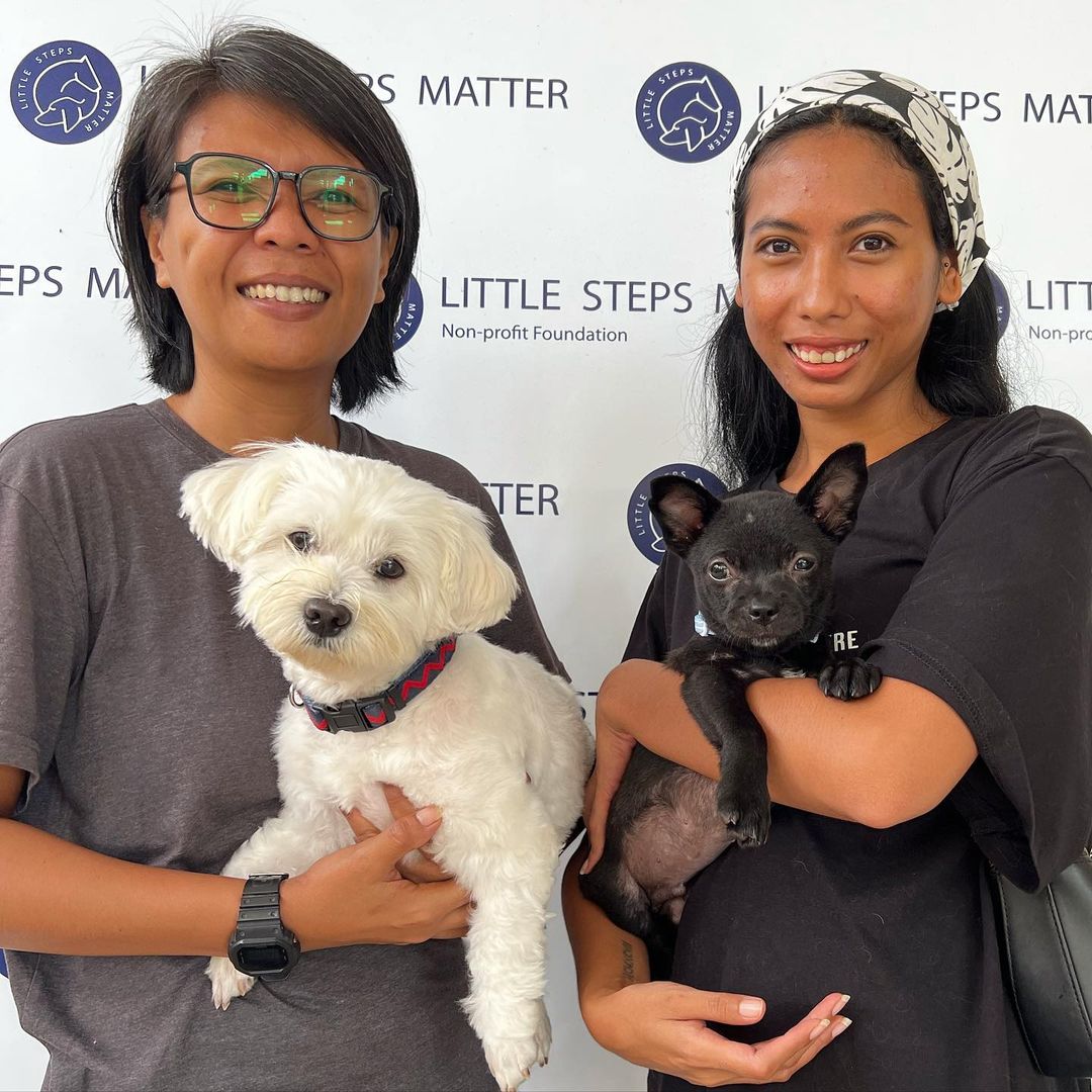 two women each holding a puppy