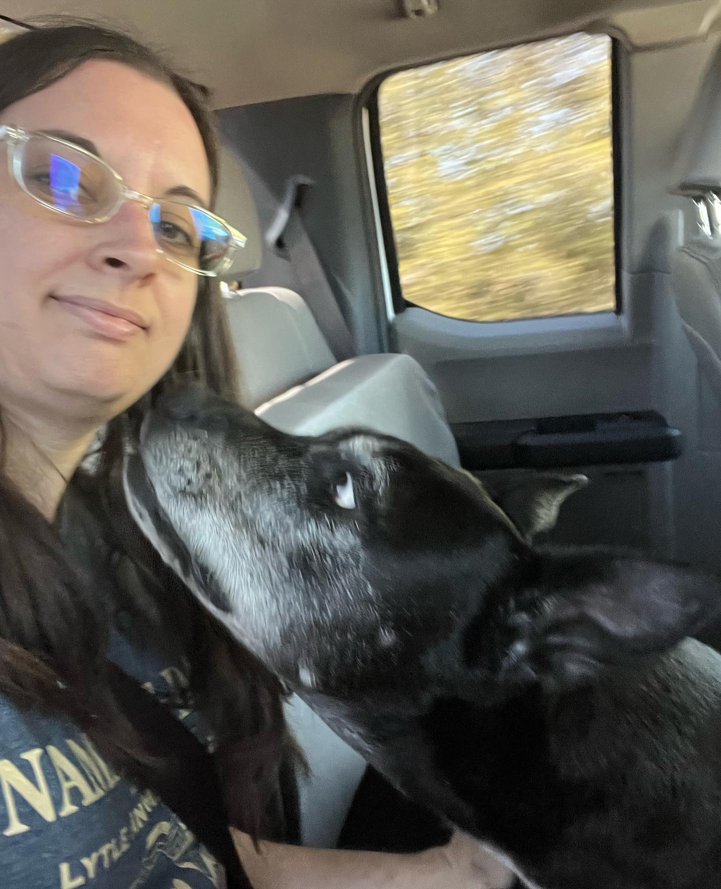 woman and dog in a car