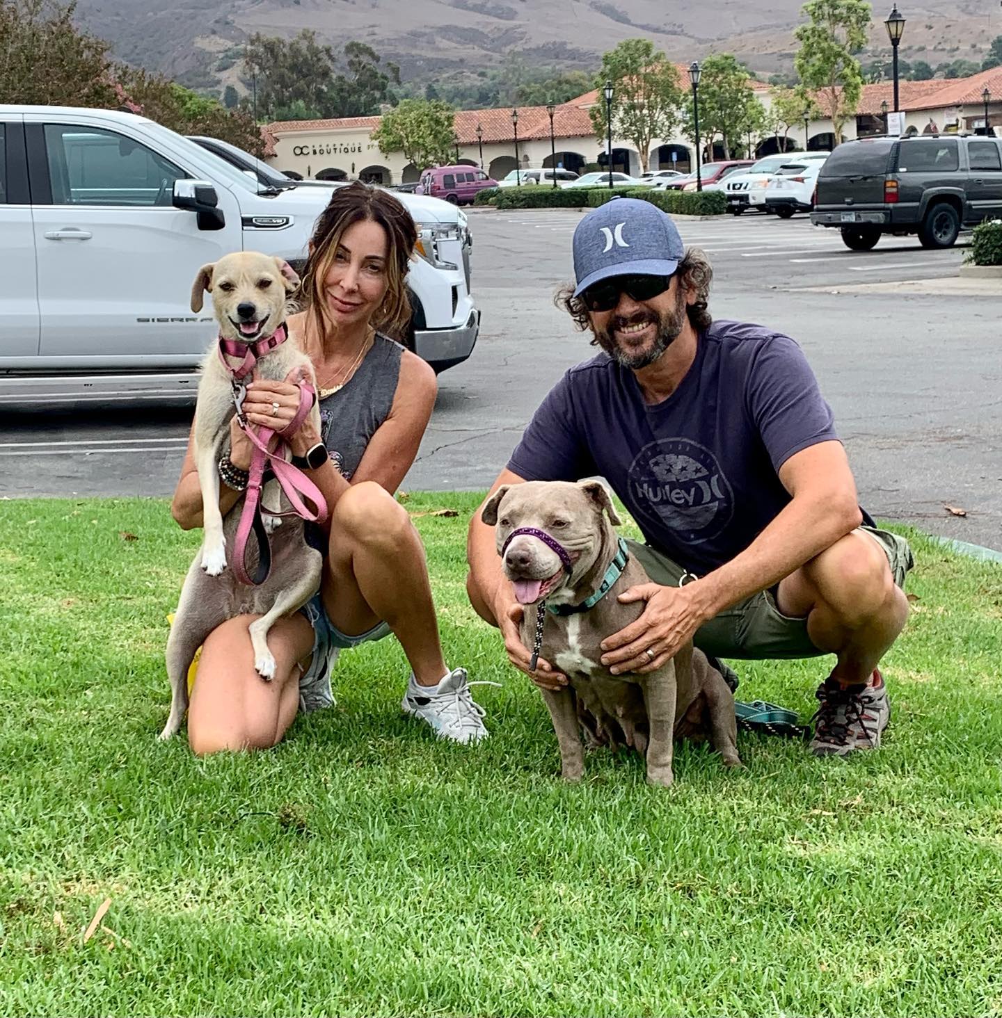 woman and man with dogs posing