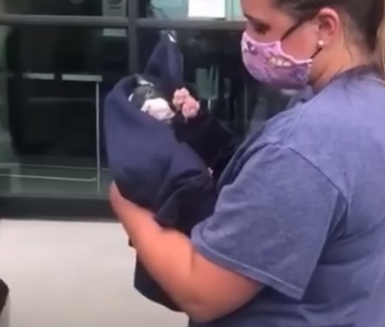 woman carrying dog wrapped in a blanket