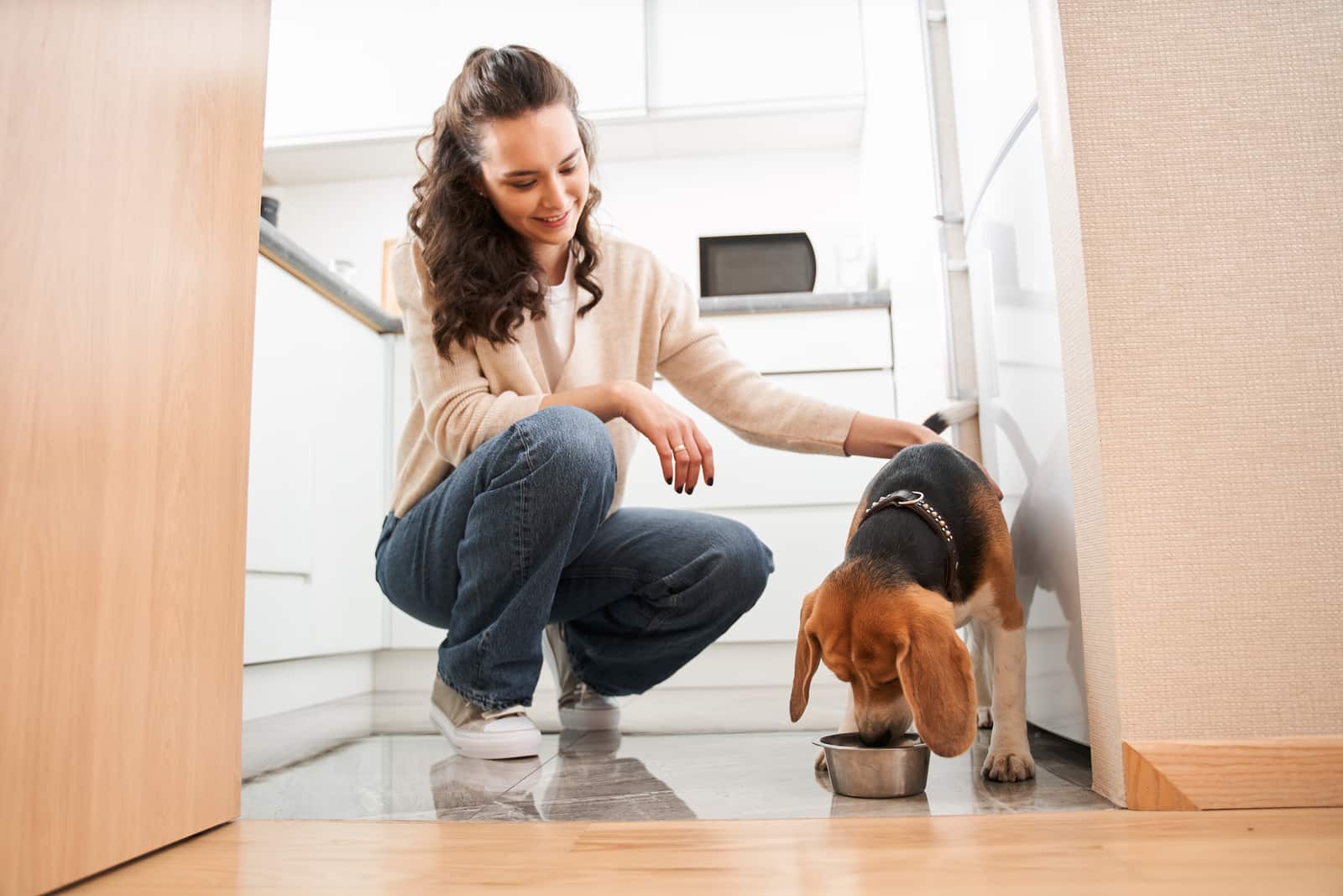 woman feeding her dog