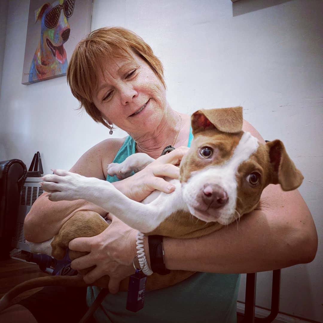 woman holding a puppy